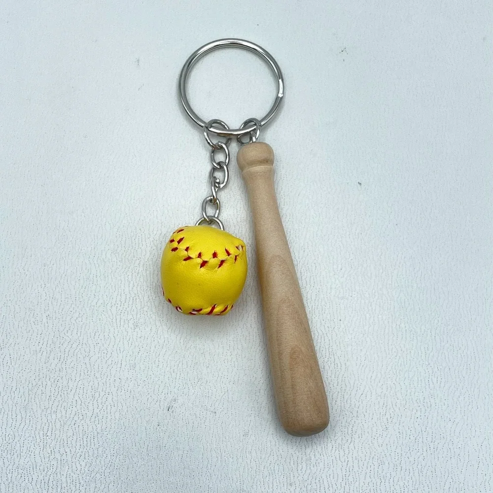 Vintage Silver Tone Mini‎ Yellow Soft Baseball Wood Bat Charm Keychain Statement